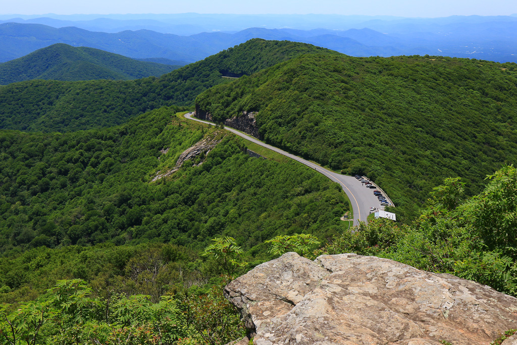 View south to the visitor center and Blue Ridge Parkway - Craggy Pinnacle