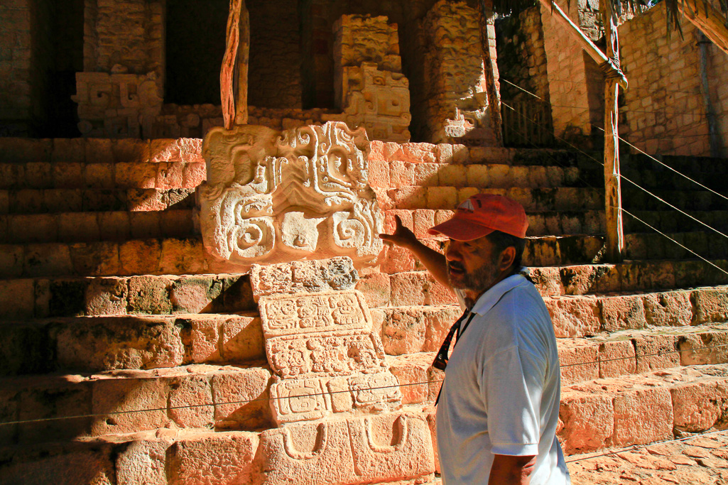 Jerry pointing out El Trono, or The Throne, atop the Acropolis - Ek Balam