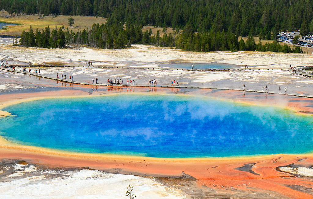 Grand Prismatic Boardwalk as seen from Overlook - Grand Prismatic Overlook Trail