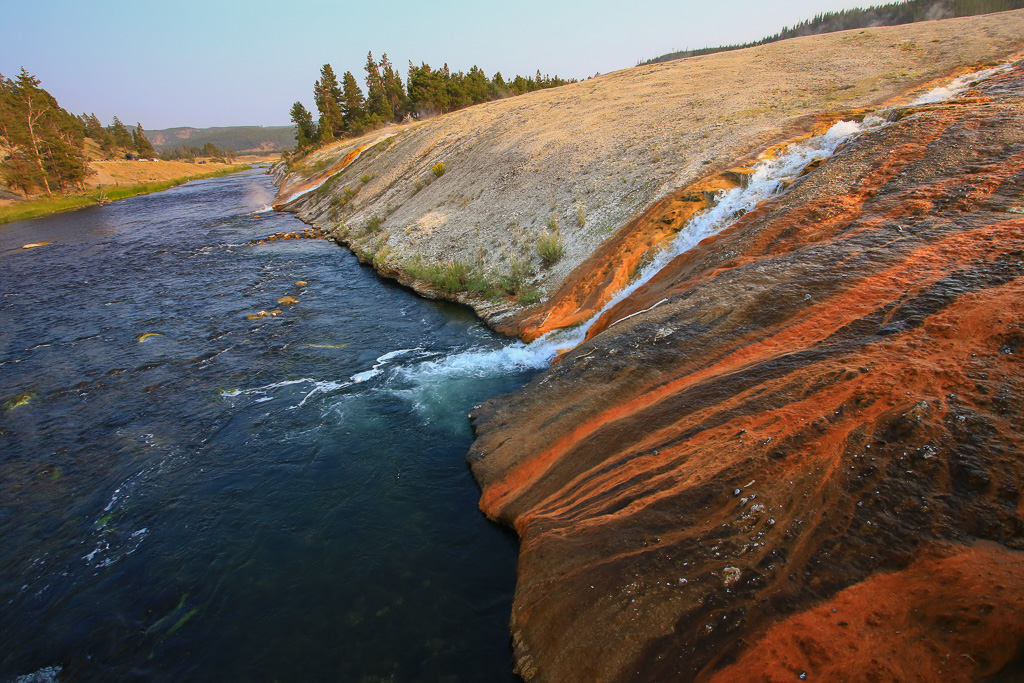 Runoff from Excelsior Geyser entering the Firehole River 2021 - Midway Geyser Basin