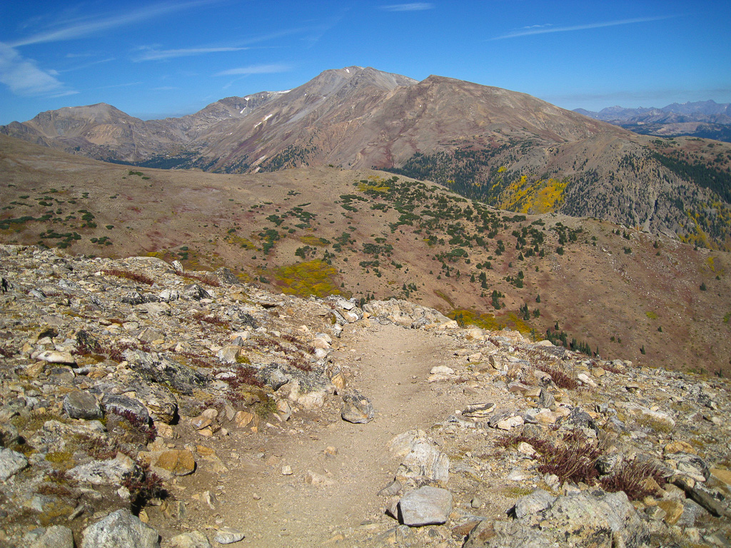 Rocky trail and Mount Massive - North Mount Elbert Trail