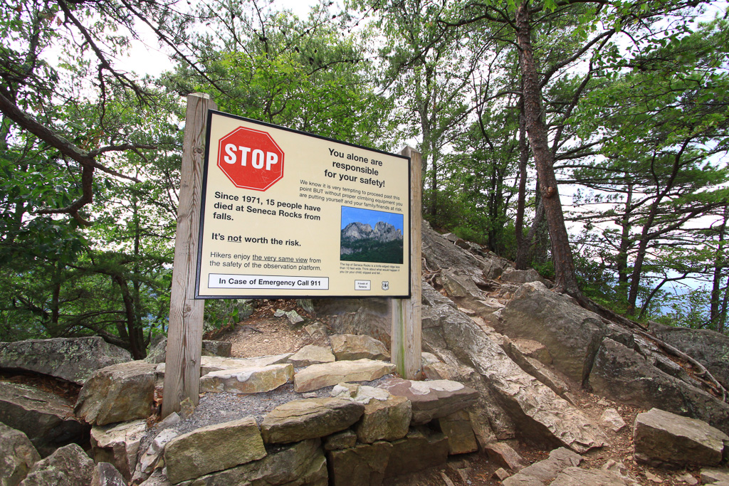 If you are sure footed, pass this sign for the best views - Seneca Rocks
