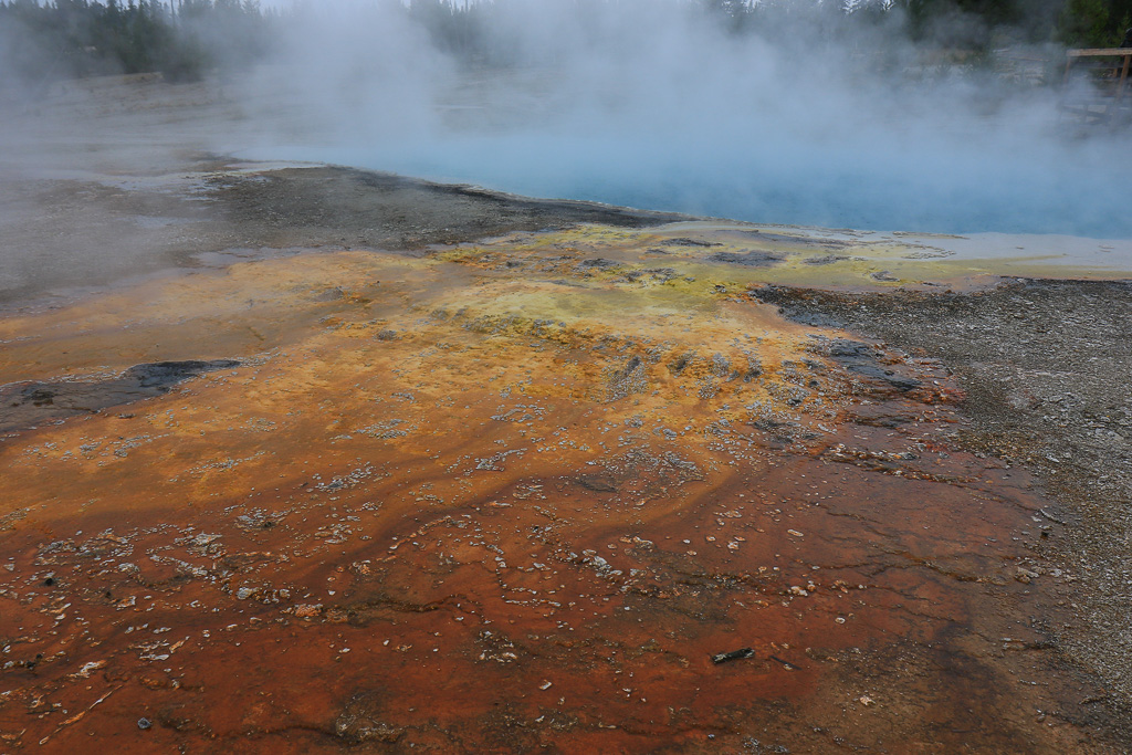 Steam and colors of Black Pool - West Thumb Geyser Basin